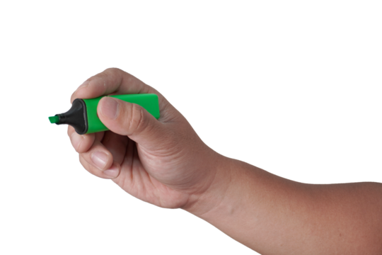 Male person hand holding highlighter pen, writing position, cut out isolated