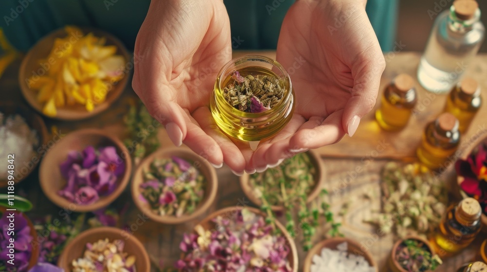 Aufkleber pairs of hands delicately mix and blend different oils creating unique and personalized scents. 2d f