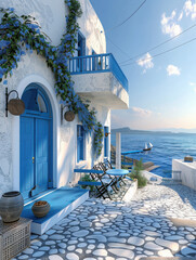 Obraz premium A serene coastal scene featuring a blue door, stone pathway, and ocean view.