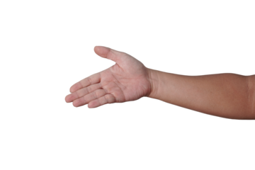 Male person offering hand shake, cut out isolated