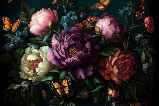 vintage vibrant botanical floral illustration with peonies butterflies and lush green leaves