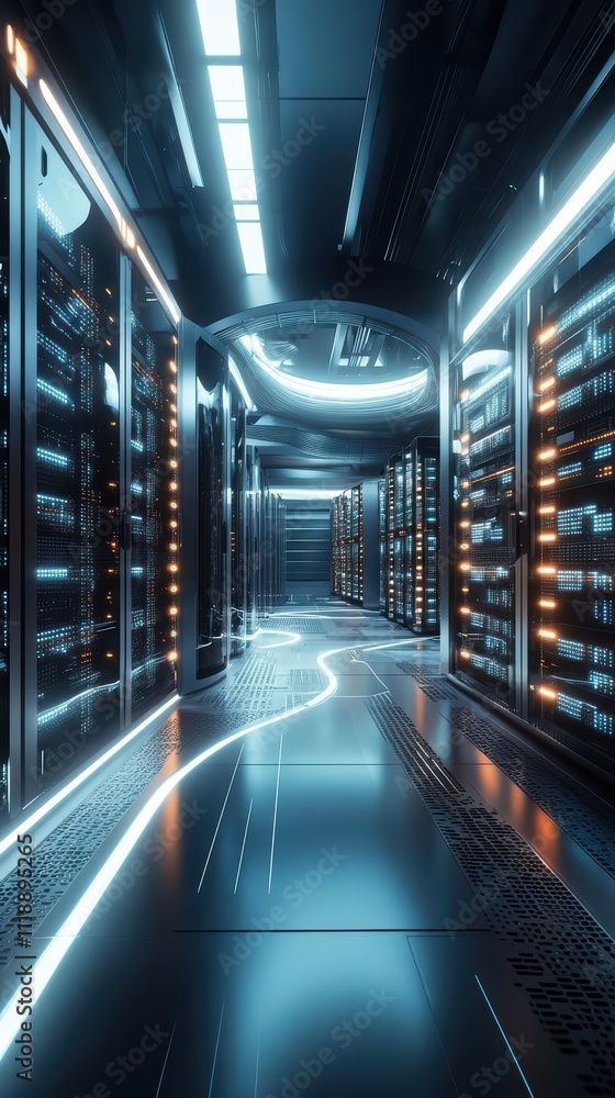 Poster a futuristic data center with glowing lights and server racks.