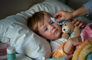 Sick child resting with a comfort object while receiving care to relieve illness. Cold and Flu Banner