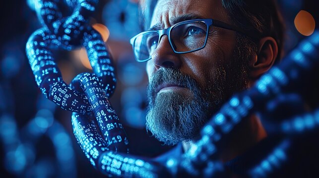 A broken chain symbolizing a breach in the blockchain, set against a blue background with binary code and network security symbols