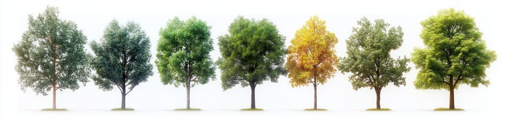 Diverse Trees Collection Isolated on White Background with Soft Natural Lighting and Unique Shapes