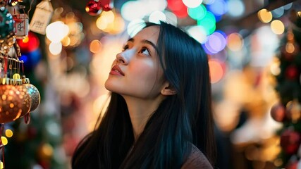 Enchanting holiday market exploration with glittering lights and festive ornaments