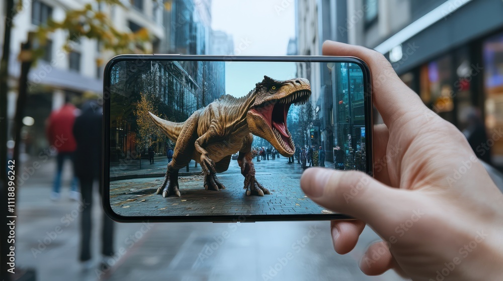 Poster a hand holds a phone with an augmented reality app. the screen projects an ar model of a dinosaur on