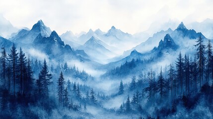 Obraz premium A captivating watercolor mountain landscape painting wallpaper evokes a sense of tranquility with its ethereal fog