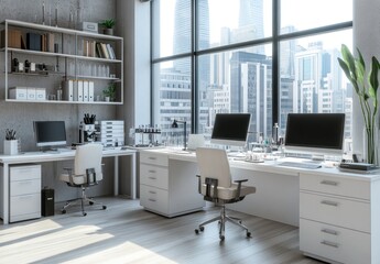 Modern, bright office with city view, two workstations, and ample natural light.