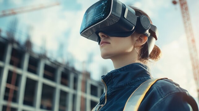 A futuristic architectural engineer, civil engineer wearing an augmented reality headset and overalls on a construction site, the bokeh effect..
