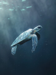 Fototapeta premium A serene underwater scene featuring a turtle gracefully swimming through the ocean.