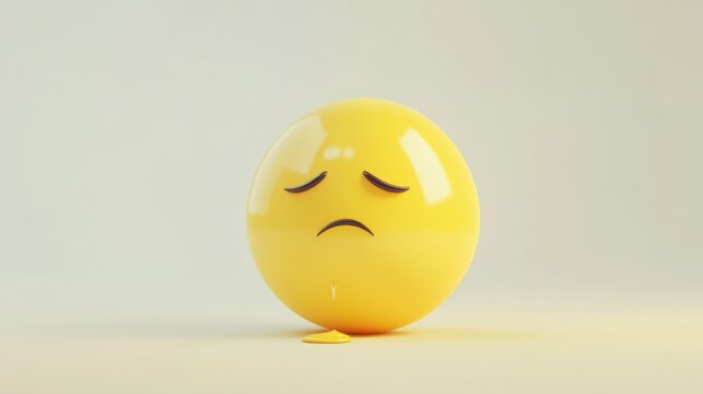 A sad yellow emoji face with a single tear drop falling down, expressing sadness and sorrow on a white background. High-quality 3D render.
