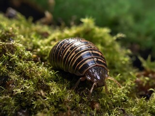 A Striped Millipede Crawls Across Green Moss