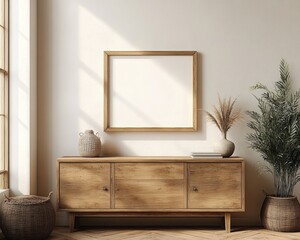 minimalist interior scene wooden sideboard blank picture frame soft natural light Scandinavian design
