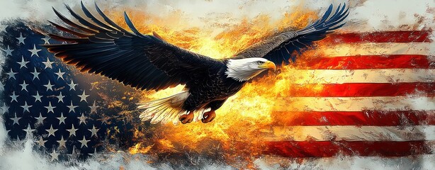 bald eagle soaring over american flag in sunset realism