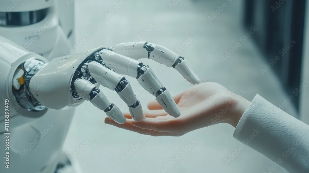 Aufkleber ai, machine learning, hands of robot and human touch. on big data network connection of brain ai, da