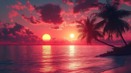 A classic summer scene unfolds with palm trees swaying under a vibrant sunset