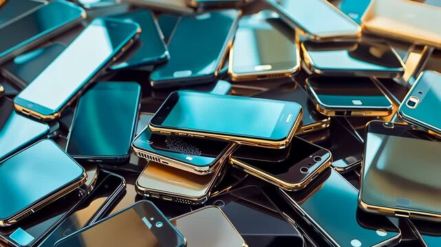 A plethora of smartphones piled chaotically, showcasing different models and hues, reflects the digital age's vast consumer electronics evolution and our attachment to technology.