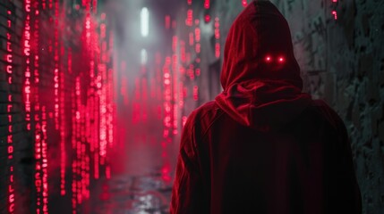 A figure in a hooded cloak stands in a dimly lit corridor of red lights.