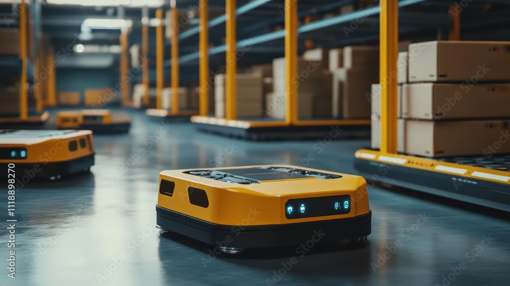 Poster autonomous robots navigating a warehouse for efficient logistics.