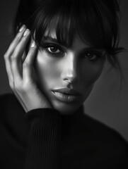 Fototapeta premium A monochrome portrait of a woman with striking features and a contemplative expression.