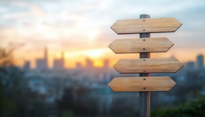 Wooden Directional Sign in Serene Landscape with City Skyline