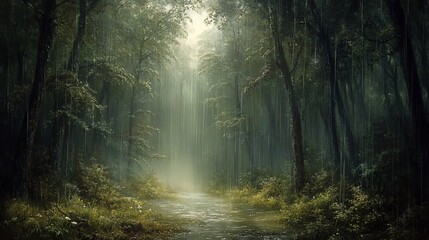 Fototapeta premium Misty forest path, ethereal woodland scene, tranquil nature.