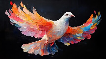 Obraz premium A colorful painting of a dove soaring gracefully against a black background
