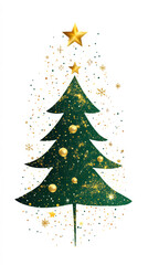 Abstract stylish festive Christmas tree, decorated with festive ornaments on a white background,