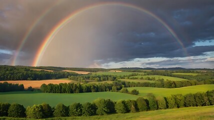 Fototapeta premium Double Rainbow Arcs Over Rolling Green Hills
