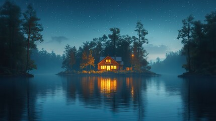 Fototapeta premium A cozy house on a secluded island glows with warm light, nestled amongst silhouetted trees and calm waters under a dark blue sky