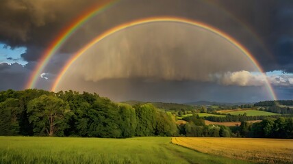 Naklejka premium Double Rainbow Arcing Over Lush Green Fields and Forest
