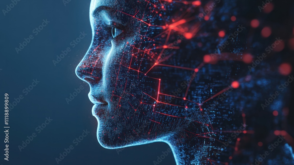 Poster facial recognition system man with digital biometric grid and personal data on grey background : gen