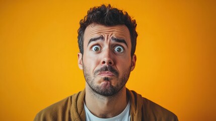 Fototapeta premium expressive portrait of perplexed man against vibrant orange backdrop dynamic composition highlighting facial features and emotions with bold color contrast