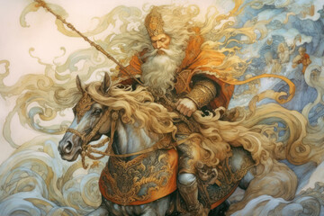Obraz premium majestic warrior on horseback in epic style. The warrior with a long gray beard and flowing hair is dressed in rich armor and a cloak decorated with complex ornaments. 