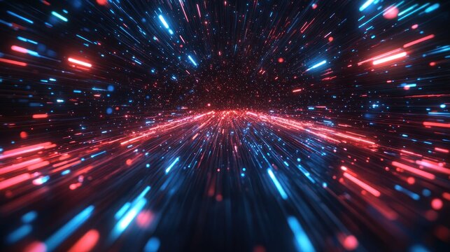 Abstract red and blue light streaks in dark space.