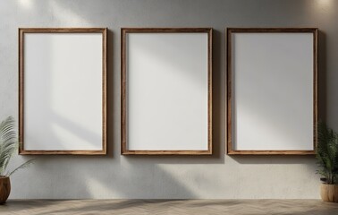 Fototapeta premium Minimalist Art Display with Wooden Frames on Beige Wall in Serene Interior Setting