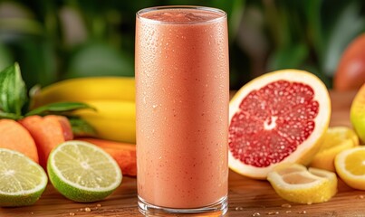 A vibrant smoothie made from fresh fruits, including grapefruit, bananas, carrots, and limes, set against a lush green background.