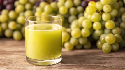 A refreshing glass of green grape juice surrounded by fresh green grapes, highlighting its vibrant color and natural appeal.