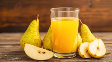 A refreshing glass of pear juice surrounded by whole and sliced pears on a rustic wooden surface.
