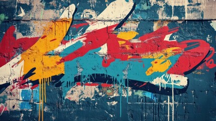 Fototapeta premium Messy paint strokes and smudges on an old painted wall background. Abstract wall surface with part of graffiti. Colorful drips, flows, streaks of paint and paint sprays