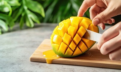A hand is cutting a ripe mango into cubes on a wooden board, with lush green foliage in the background, highlighting fresh, vibrant colors.