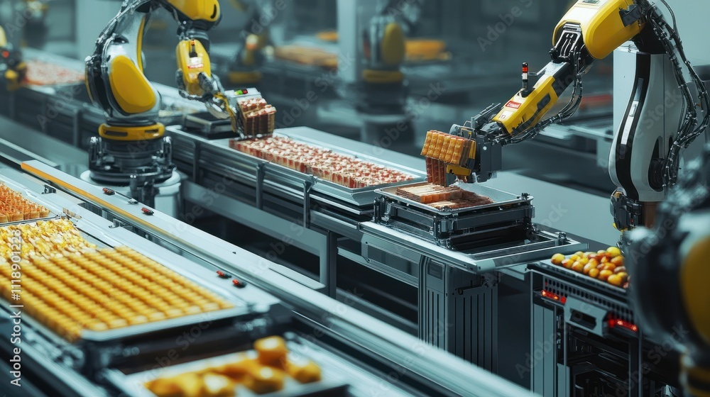 Poster overview of an automated food production line highlighting machinery and robotic arms sorting and pa