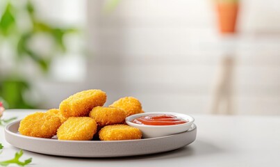 A plate of golden chicken nuggets served with a small bowl of ketchup, surrounded by a soft-focus background of greenery.