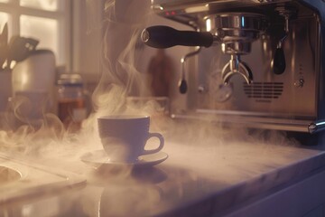 Steaming espresso cup on kitchen counter near espresso machine.