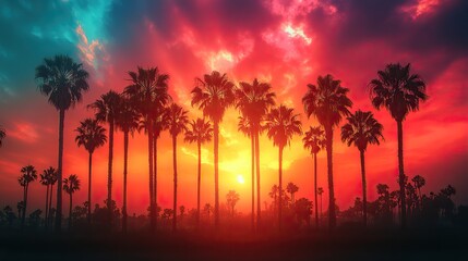 A double exposure image blends California palm trees with a vibrant color palette, creating a striking visual effect