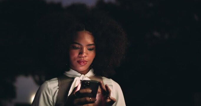 Woman, city night and phone outdoor with mobile, social media and web search with travel. Taxi app, internet and online with location share for safety in the dark with email and traffic check
