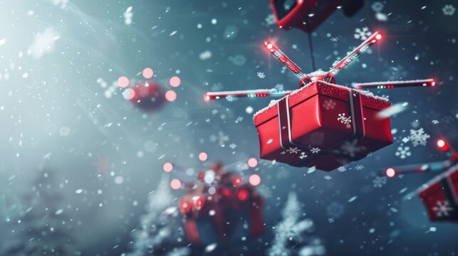 Futuristic Christmas gift delivery drones flying through snowy winter landscape.