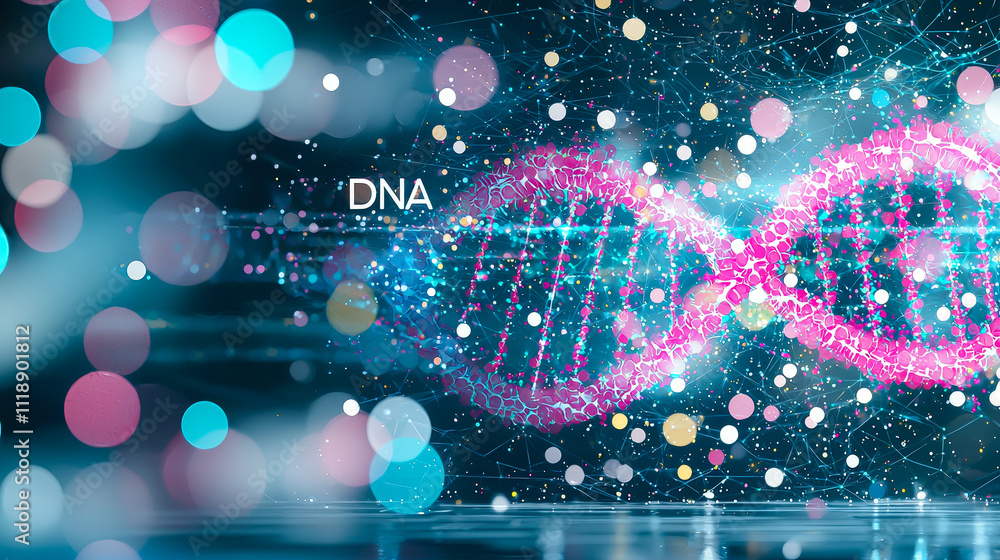 Poster DNA structure illuminated by colorful lights, showcasing its complexity and beauty in a futuristic setting