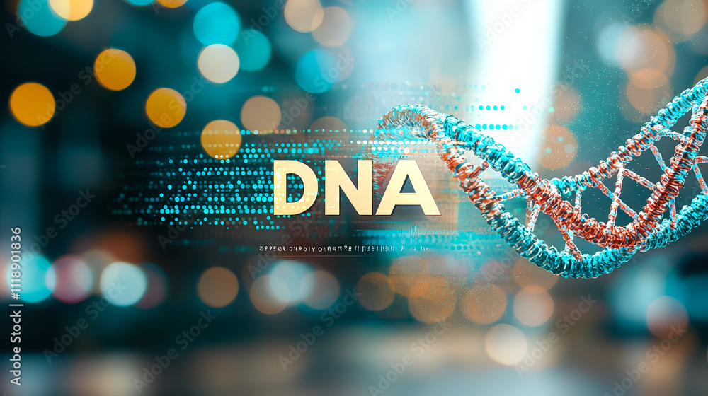 Poster Innovative representation of DNA structure with digital elements in a vibrant urban environment